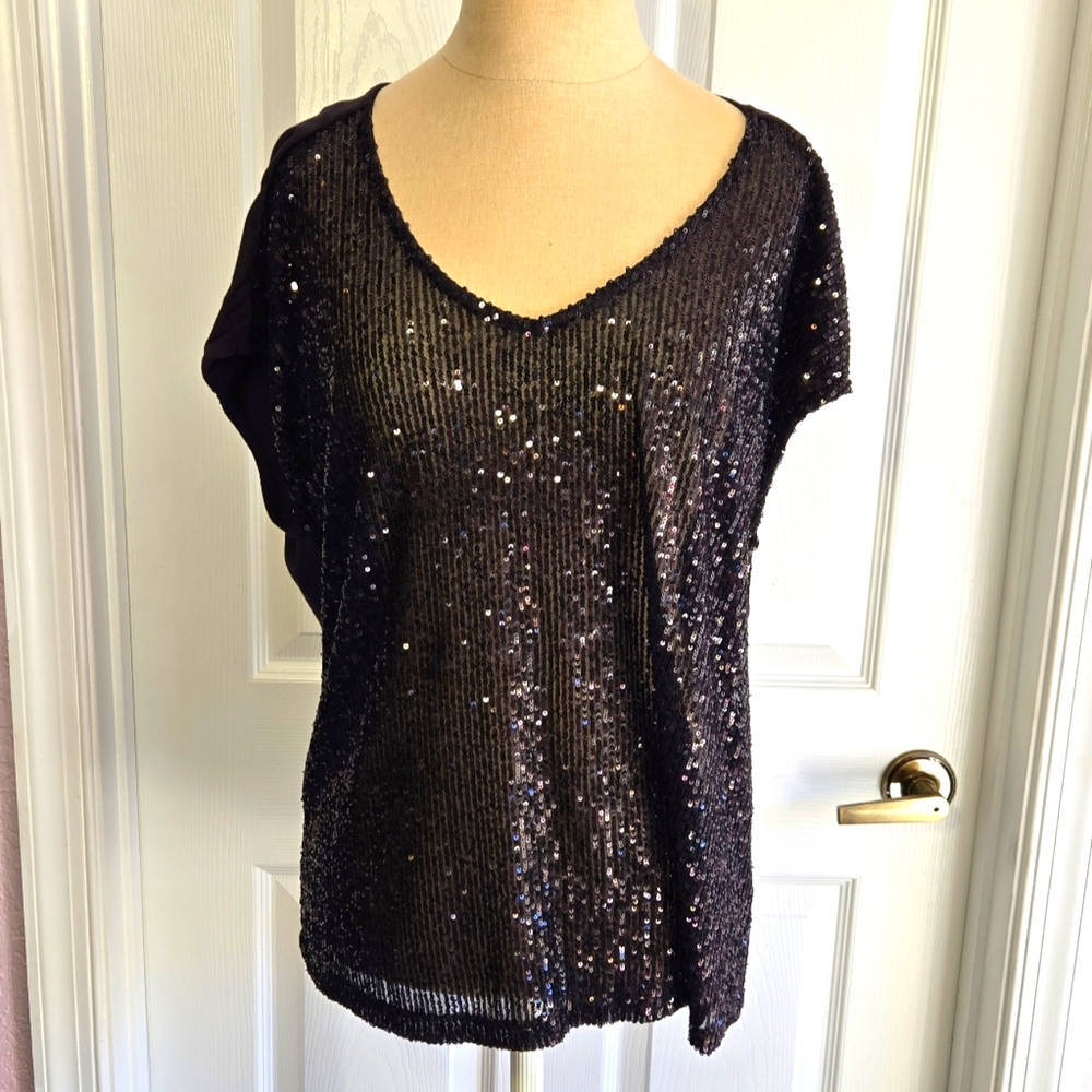 Carmen Carmen Marc Valvo Black Sequin Top Size XL Shirt Party